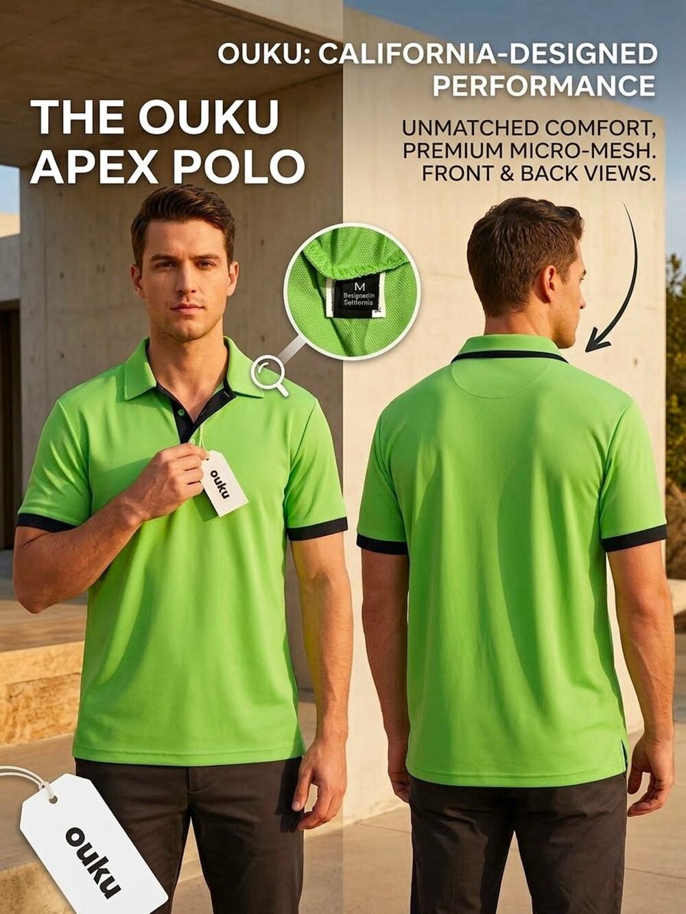 OUKU Apex Men's Colorblock Polo Shirt Green/Black Short Sleeve Collared M